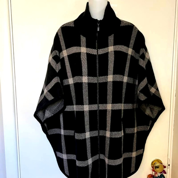 KINROSS LUXE 100% CASHMERE BLACK & SUEDE PLAID ZIP MOCK PONCHO OS ONE SIZE - Picture 3 of 14